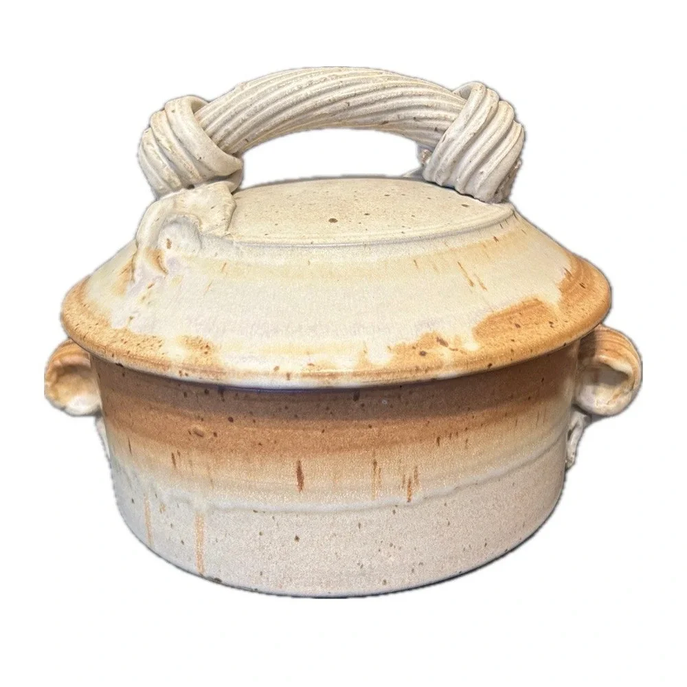 VTG. Handmade Earthenware Lidded/Handle Dish. Glazed, Cream/Brown.